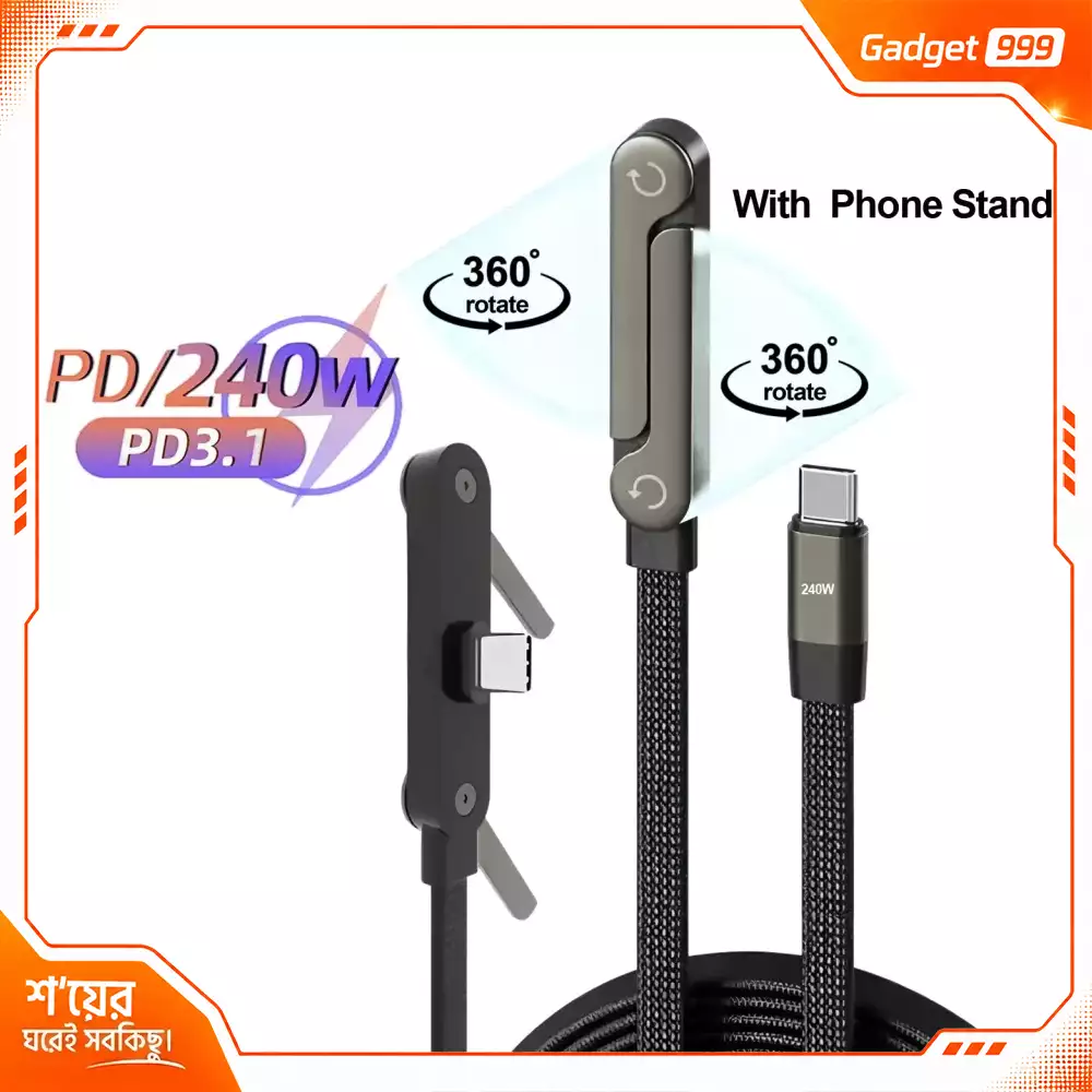 Type-C 240W Fast Charging Cable with Foldable Phone Stand 3-in-1